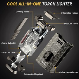 All-in-one Torch Lighter with Built-in V Cut Cutter, Holder, and Dual Windproof Jet Flames, Gift Box for Birthday Festival, Refillable Cool Butane Lighters for Candles, Outdoors (Without Butane Fuel)