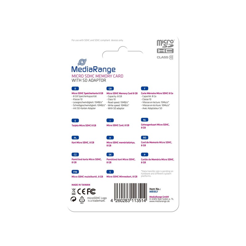 Media Range MR957 MicroSDHC Micro SDHC Memory Card