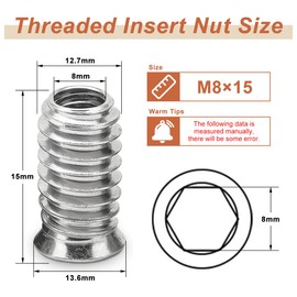Drenky Threaded Inserts for Wood M8x15mm - 20Pcs Flanged Hex Socket Nut, Zinc Plated Carbon Steel Insert Nuts with Hex Drive Head, Silver (Wood Furniture Installation Hardware)