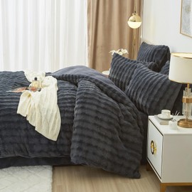 Luowei Winter Plush Bed Linen 200 x 200 cm Grey Warm Cuddly Fluffy Fleece Bed Linen Luxury Reversible Duvet Cover with Zip and 2 Pillowcases 80 x 80 cm