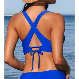 CUPSHE Women's Bikini Top V Neck Triangle Top Wide Straps Cross Back Lace up, Royal Blue, Small