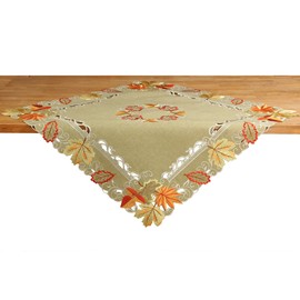 Quinnyshop Autumn Leaves Table Cloth Table Runner Cushion Cover Linen Look Green Beige – Choice of Sizes Approx. 85 x 85 cm