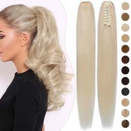 100% Remy Human Hair Ponytail Extension One Piece Claw/Jaw Clip Ponytail Hairpiece Clip In Pony Tail Extensions For Girl Lady Women Long Straight #60 Platinum Blonde 22'' 120g