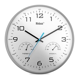 Mebus Analogue Quartz Wall Clock with Thermometer and Hygrometer, Gray, 30 cm Diameter