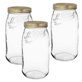 Le Parfait Screw Top Jar Wide Mouth French Glass Jar | Ideal for Food and Soup Storage, Canning, Flour, Brown Sugar, and other Baking Supplies (3L/96oz, Pack of 3, Gold)