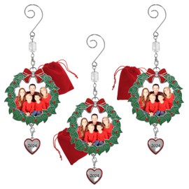 Family Photo Christmas Ornaments for 2024 - Set of 3 - Holiday Wreath Photo Holder with Dated Heart Charm - 1st Annual Ornament - This Year's Keepsake - 3" D - Gift/Storage Bag Included