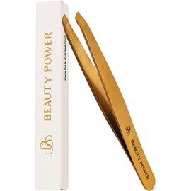 Beauty Power Slant Tip Precision Tweezers - Stainless Steel Eyebrow Tweezers for Women & Men - Precision Tweezers for Facial Hair, Ingrown Hair & Brow Shaping - Professional Beauty Tool (Matte Gold)