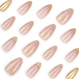 Gold French Tip Press on Nails Medium Almond Fake Nails with Gold Foil Designs Gel Glue on Nails Glossy False Nails Press ons Artificial Acrylic Nails Reusable Stick on Nails for Women 24Pcs