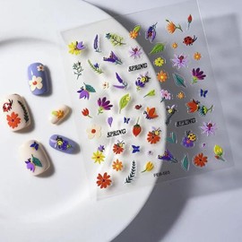 Flower Nail Stickers for Nail Art - Flowers Nail Art Stickers Spring Floral Leaf Plant 5D Embossed Nail Decals Self-Adhesive Nails Supply Manicure Sliders Summer Flower Sticker for DIY