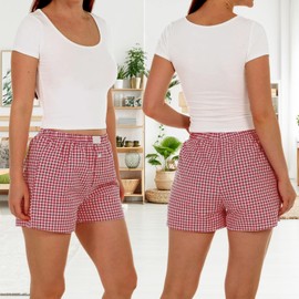 Bunnycool 3 Pack Women's Y2k Pajamas Shorts, Plaid Boxers Shorts Gingham Micro Button Sleep Short Elastic Waist Sleepwear (Red, Light Blue, Light Green,Medium)