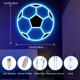 Soccer Neon Sign for Wall Decor, Dimmable LED Football Neon Light, Powered by USB Neon Sign Sports Light Up Sign for Teenager Boys Girls Kids Room Bedroom Decor