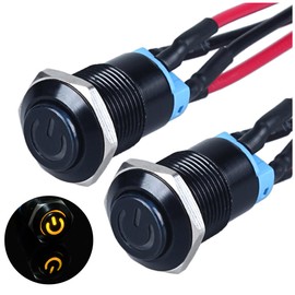 JIQI 2 x 12 mm Locking Pressure Switch 12 V to 24 V 2 A Waterproof Self-Holding Black Push Button Switch Made of Metal LED Illuminated Latch On/Off Switch with IP66 1NO for Motorcycle (High Head,