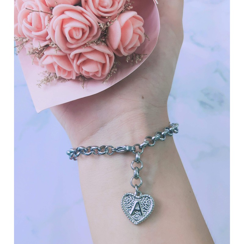 Silver Initial Charm Bracelet Stainless Steel Heart Letter Alphabet Bracelet