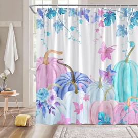 ZKJSMGS Fall Pumpkin Shower Curtain Watercolor Pumpkin with Leaves Harves Thanksgiving Colorful Autumn Rustic Farmhouse Holiday Blue Purple Bathroom Home Curtain Decor with Hooks,70" Wx70 H