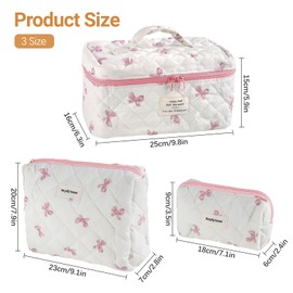 Mulaibdin 3 STK Kosmetiktasche Reise, Kulturtasche Damen Set, Schminktasche Organizer Gesteppt, Make Up Taschen Aesthetic, Tragbar Cosmetic Bag, Cute kulturbeutel für Frauen Geschenk (Rosa Schleife)