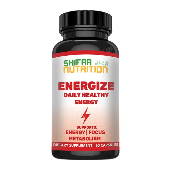 SHIFAA NUTRITION Energize, Natural Daily Energy Vitamins | Jitter-Free, 60 Servings | Supports Focus, Mood, Brain, Metabolism | w/Caffeine & Taurine, B1, B2, B5, B6, B7, B9, B12 Halal Vitamins