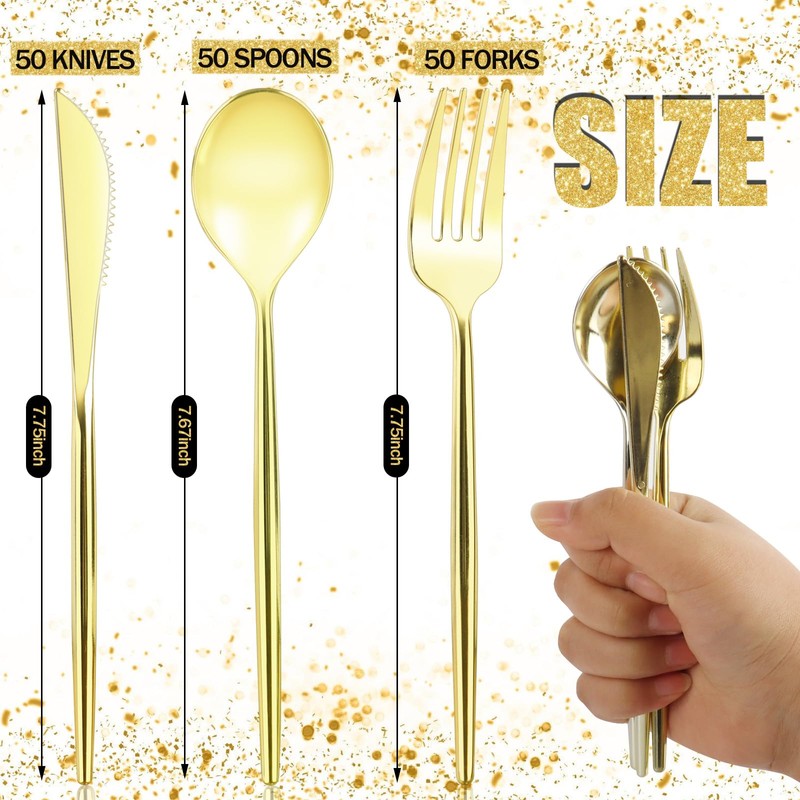 GGOLDMER 150 Pack Gold Plastic Silverware, Disposable Gold Silverware Set,