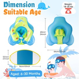 Baby Pool Float with Canopy: Baby Swimming Float with UPF50+ Sun Protection & Toy Play Steering Wheel with Patch Kit Baby Floaties for Infants 6-48 Months Qoosea Swim Float Blue