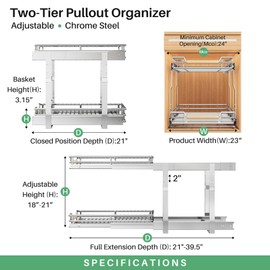 Kitstorack Pull out Cabinet Organizer,2 Tier Heavy Duty Smooth Sliding Under Cabinet Shelves for Pots and Pans,Roll out Drawers with Thickened Chrome Plating(23" W X 21" D)