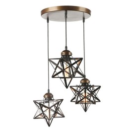 TFCFL Moravian Star Pendant Light, 3-Light Vintage Glass Chandelier Clear Glass Star Ceiling Hanging Lighting Fixture Adjustable Height for Kitchen Island Living Room Bedroom (Brown)
