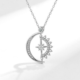 LUTAKU 925 Sterling Silver Sun Star Moon Necklace for Women Girls Rotatable Pendant Anxiety Jewelry Friends Gift (Silver)