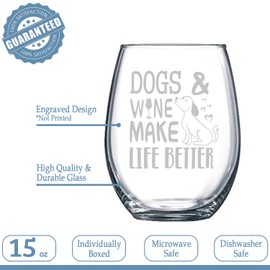 NeeNoNex Funny Gift for Dog Mom Dad Dogs & Wine Make Life Better Stemless Wine Glass - Dog Lover Gift