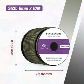 Abma Cord Bungee Cord 6mm 10M Elastic Shock Cord 100% Stretch Elastic Bungee Rope for Tarpaulin, Trailer, Backpack, Tent Pole, Kayak - Army Green