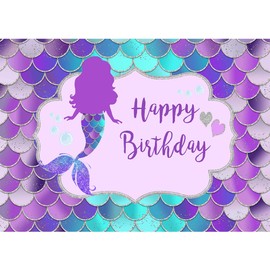 SeekPro 8x6ft Mermaid Girl Happy Birthday Backdrop Blue Purple Silver Glitter Scales Under The Sea Birthday Party Decoration Princess Party Banner SK6203D