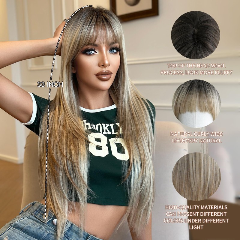 7JHH WIGS 34IN Surper Long Straight Brown Blonde Highlight Layered