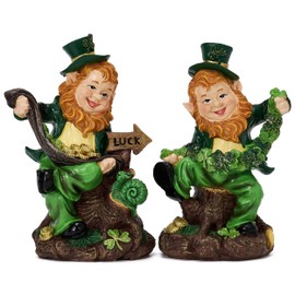 Valery Madelyn St Patricks Day Leprechaun Figurines, 2Pcs Whimsical Irish Decor with Shamrocks and Luck Sign, Large Green Resin St Patricks Gifts for Home Table or Tiered Tray Shelf Decor, 5.3 Inch