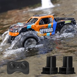 1/12 Big Amphibious Remote Control Car，Monster Truck Pool Toy w/ Waterproof Remote, 4WD, 2.4G, 2 Modular Batteries (60+Mins), Off Road All Terrains RC Car For Boys Adults Kids 4-12, Ideal Gift-Orange