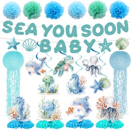 EUOYUFO 20pcs Sea You Soon Baby Shower Party Decorations Sea You Soon Baby Banners Hanging Swirls Honeycomb Centerpieces Paper Pom Poms Lanterns Ocean Under The Sea Theme Gender Reveal Party Decor