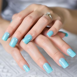 Press on Nails Glossy Solid Blue Fake Nails Medium Length Squoval False Nail Art Tips Reusable Acrylic Finger Nails Gifts for Women Girls