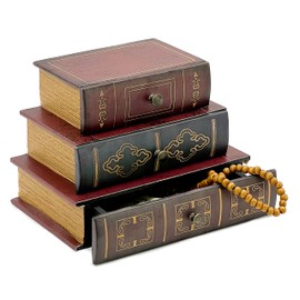 Bellaa 28076 Book Box with Drawers Hidden Storage Trinket Keepsake Decorative Bookends Vintage Antique Flux Leather Wood Organizer Retro Farmhouse Boho Home Decor