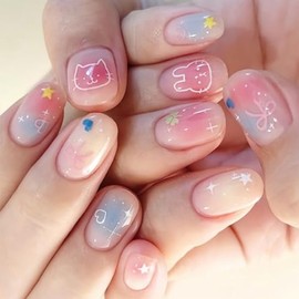 Virellay 24 Stück Anpressnägel, kurze quadratische Kunstnägel mit Design, wiederverwendbare Kunstnägel mit Kleber, Nägel in Salonqualität (Cute Cat)