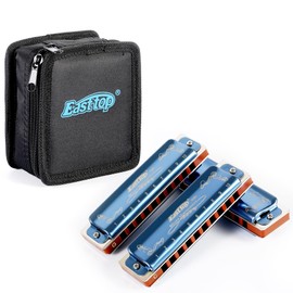 East top Harmonica Set of 3 Blue Harps 10 Holes 20 Tone Brass Cover Canvas Case Clean Cloth for Beginners Experts Study Practice Diatonic Harmonica(T008K-BL-3)