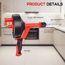 Annisport Drain Auger,43ft Drain Snake with Drill Attachment, Toilet Auger Plumbing Snake Clog Remover for Kitchen Bathroom Shower Sink - Red
