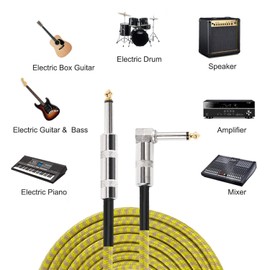 Dalonfy Electric Guitar Cables 10FT Instrument Cord 1/4 Inch Straight to Right Angle 6.35mm Gold Plated Plug + Nylon Woven Insulate for Guitar Bass Keyboard (10ft-Yellow)