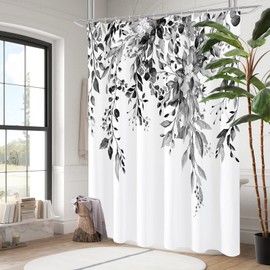 Gibelle Black and White Eucalyptus Shower Curtain, Grey Watercolor Plant Leaves with Floral Bathroom Shower Curtain Set, 72x72