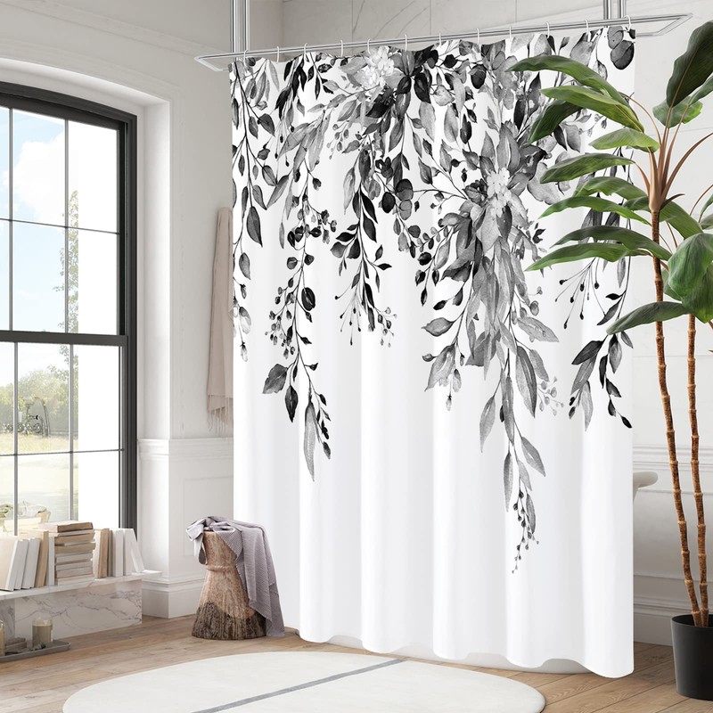 Gibelle Black and White Eucalyptus Shower Curtain, Grey Watercolor Plant