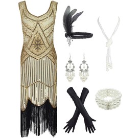 esrtyeryh Women Costume 1920s Gatsby Sequin Fringed Paisley Flapper Dress with 20s Accessories Set (2XL, Beige-Black)