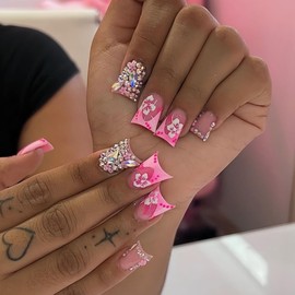 24 Pcs Press on Nails Short Square, YIHONGYAN Pink Flowers Fake Nails Press ons Nail Tip Acrylic Kit Glue on Nails Full Cover Duck Mouth False Nails with Rhinestones Charms Design Stick on Nail Women