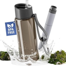 Purewell Filtered Water Bottle BPA Free with 5-Stage Integrated Filter Straw for Camping, Hiking, Backpacking and Travel - Color: Black