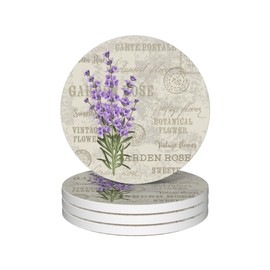 Drinks Coasters Set of 4, Vintage Lavender Flowers Round 4" Cup Coasters, Absorbent Ceramic Stone Coasters with Cork Base, Cute Coasters for Table Home Décor, Ideal Gifts for Women Men