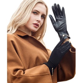 YISEVEN Women’s Winter Sheepskin Suede Leather Gloves Touchscreen Long Chain Cuff Genuine Warm Fleece Lined for Ladies Cold Weather Accessories Dress Work Driving New Year Gifts, Black Size 7.5 L