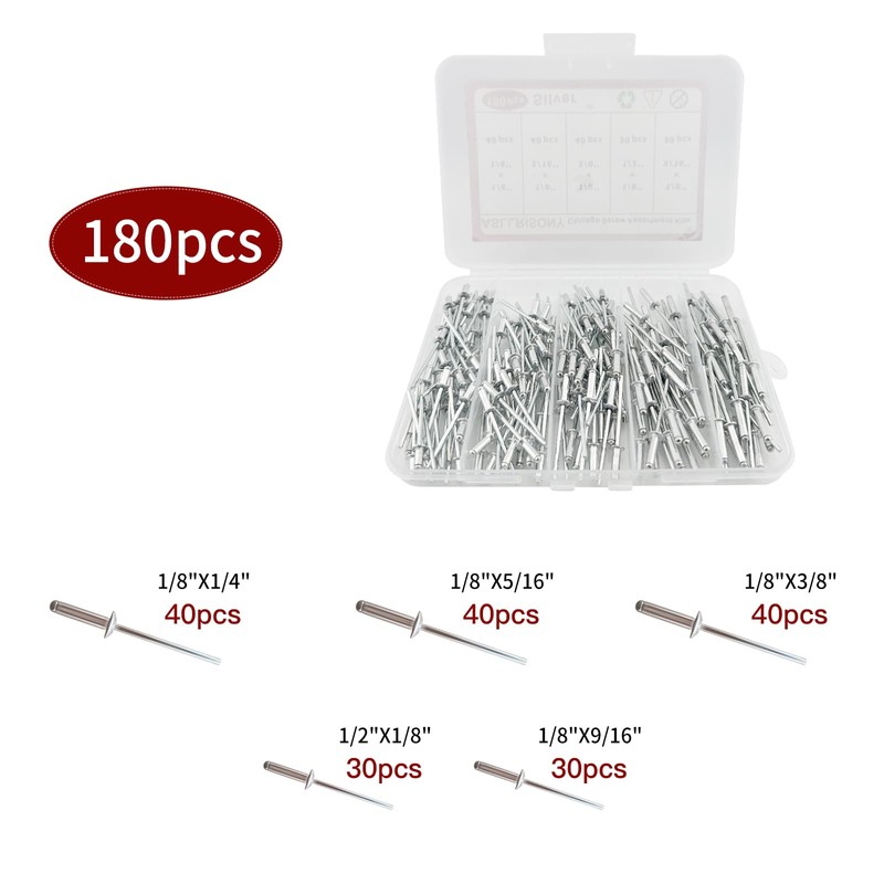 ASLLRISONY 180Pcs Silver 1/8 Inches Pop Rivets Assortment Kit,5 Sizes