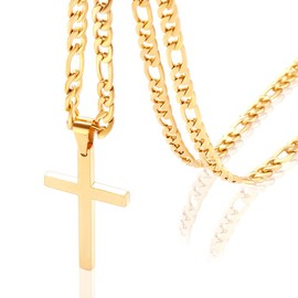 OUMI Cross Necklace for Men Women - Stainless Steel Pendant with 3:1 Figaro Chain -Gold 4/5/6 mm Width(Gold)…