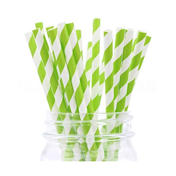 CleverDelights Biodegradable Paper Straws - Neon Green Stripe - Box of 100