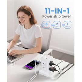 Tagzilo 11-in-1 Power Strip Tower with Surge Protector 1800J, Fast Charging Tower PD20W USB-C Ports with 8 AC Outlets, 5ft Extension Cord for Home Office Dorm Room, White