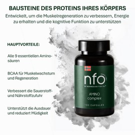 NFO AMINO СOMPLEX [180 Kapseln] Natürlicher bioaktiver Aminosäuren Komplex Hochdosiert aus einer natürlichen pflanzlichen Quelle – Bierhefe (Hordeum Vulgare), Hergestellt in Norwegen